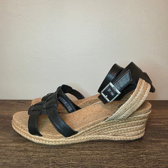 UGG Black Leather Wedge Sandals Espadrille Platform Ankle Strap Women’s 8 - Picture 3 of 7